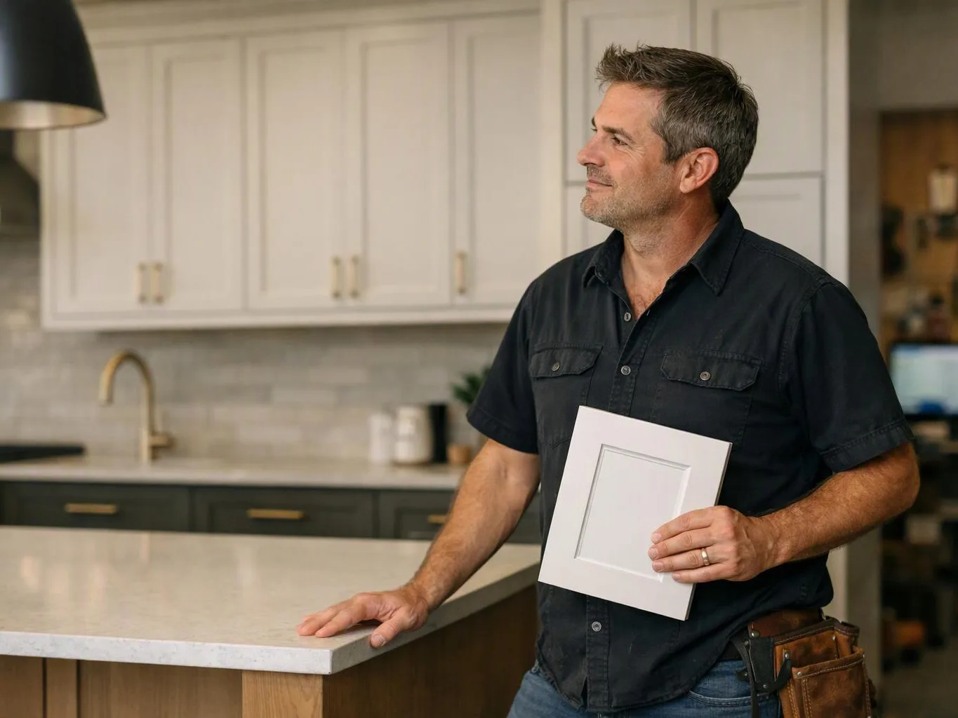 A man stands in a modern kitchen holding a white cabinet door sample and resting a hand on the counter