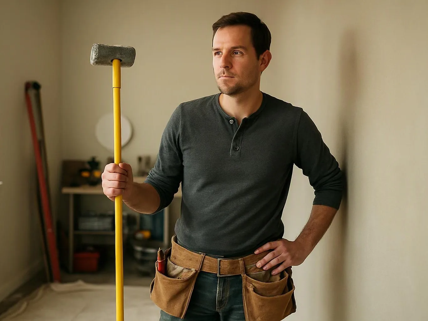 A man in a tool belt holds a sledgehammer in a bare room with renovation materials around him
