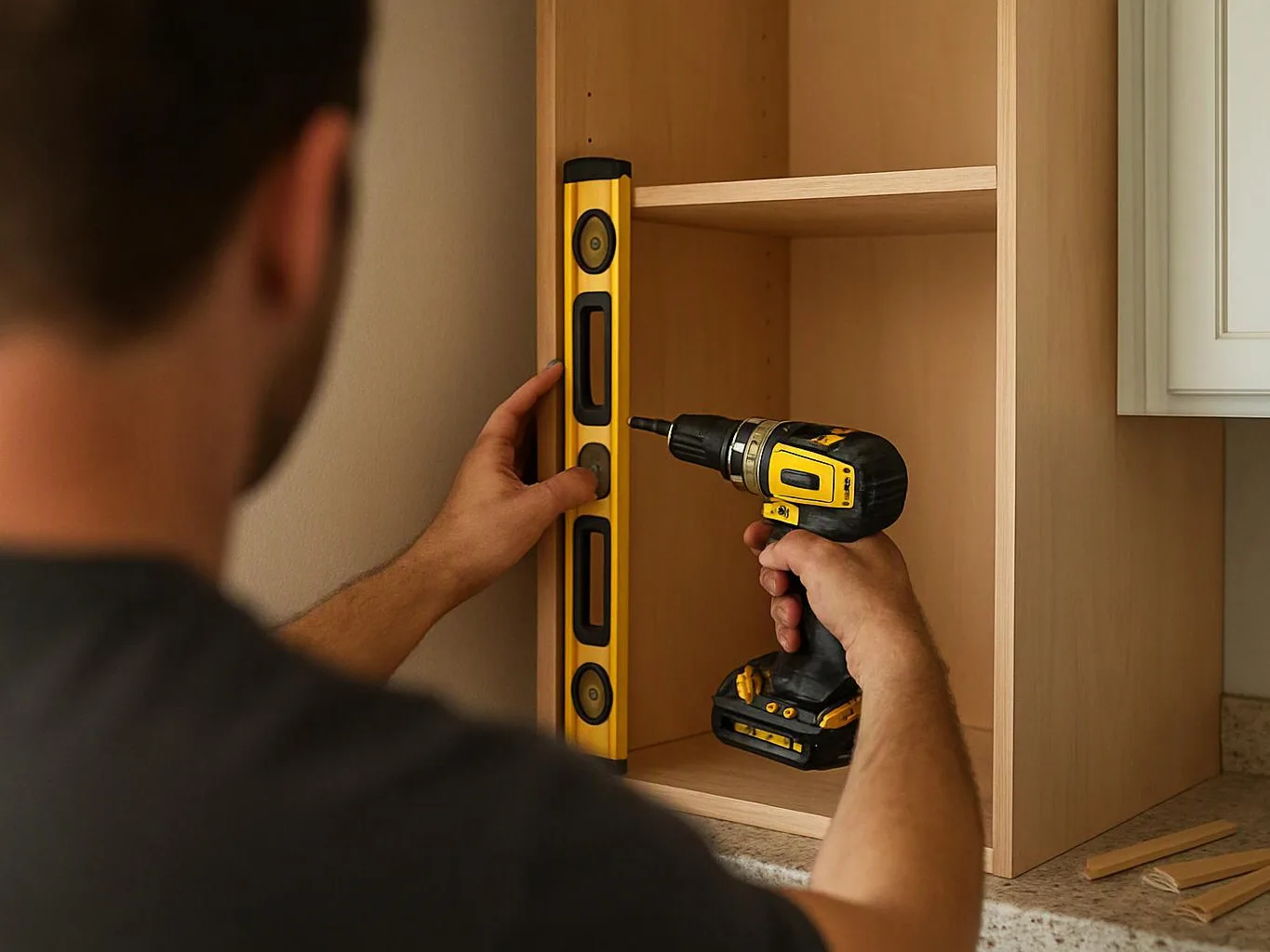 A man uses a drill and level to install a light wood cabinet in a kitchen area