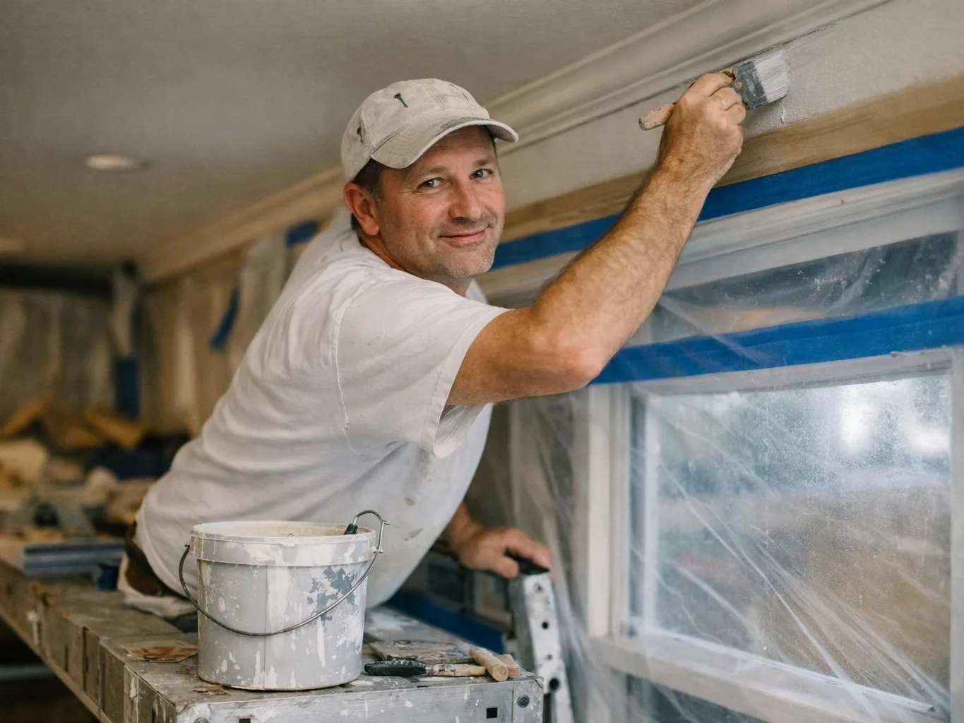 A man in a white cap paints trim above a taped-over window while standing on a workbench