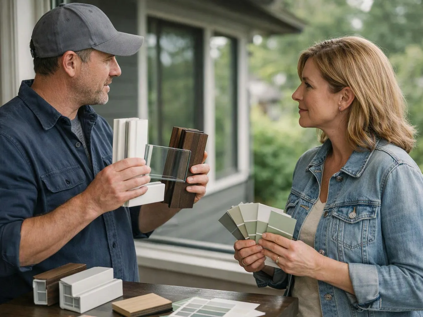 A man and woman compare color swatches and trim samples beside a house porch window