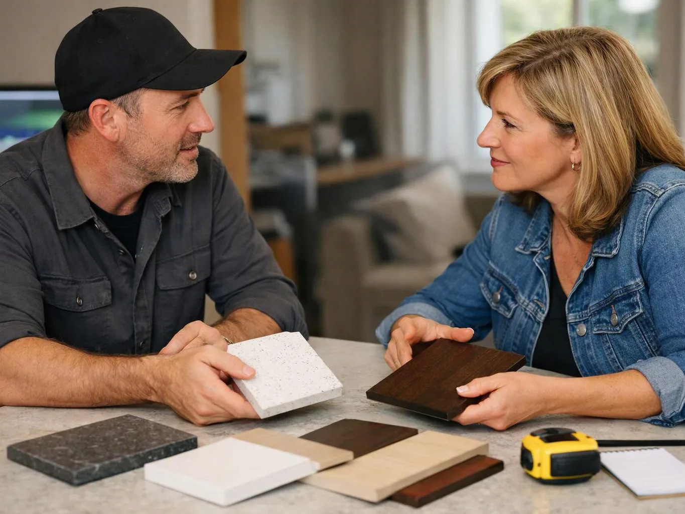 A man and woman compare countertop samples at a table in a bright home interior