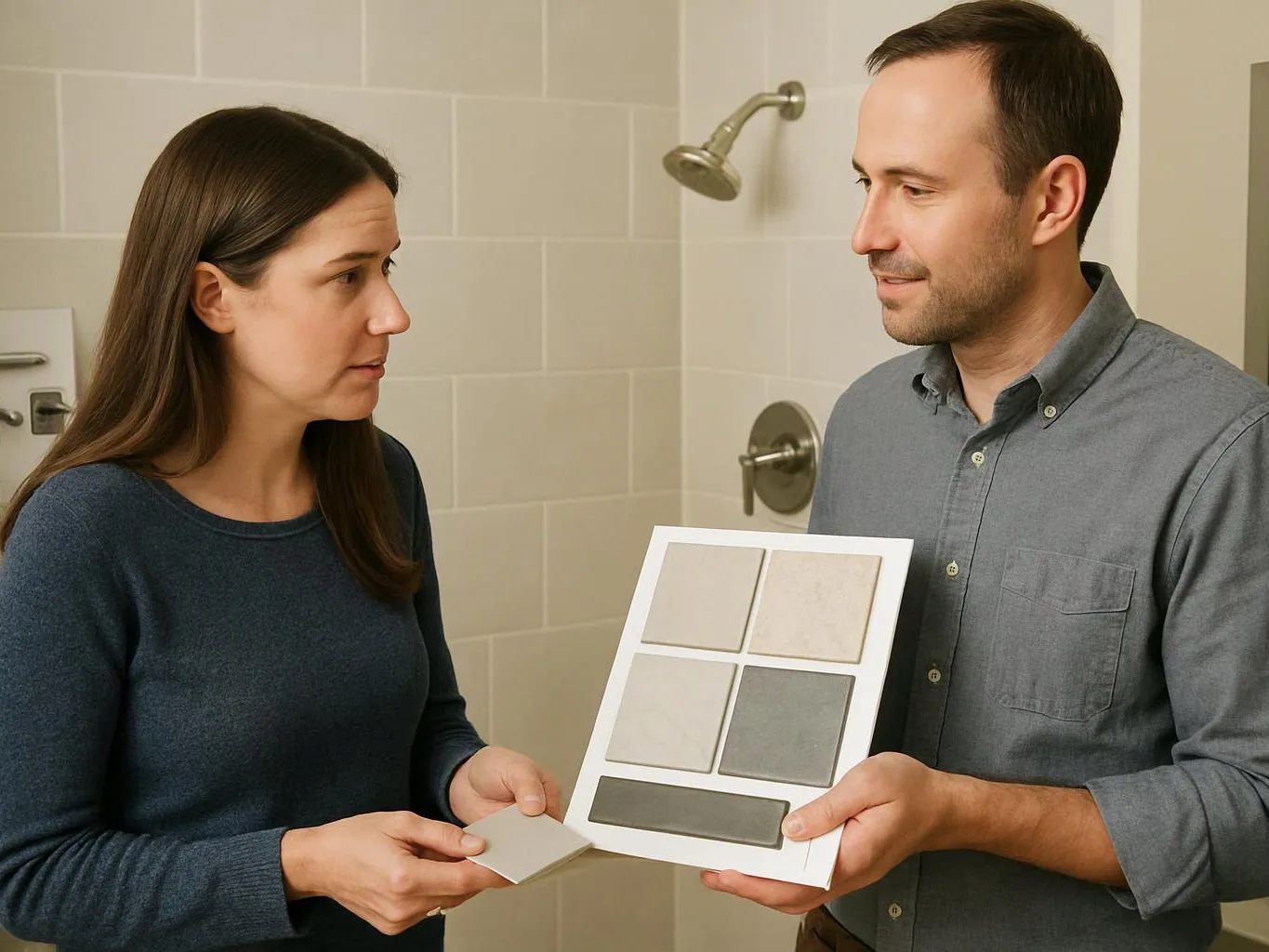 A man and woman compare tile samples in a bathroom with a showerhead and beige tiled wall