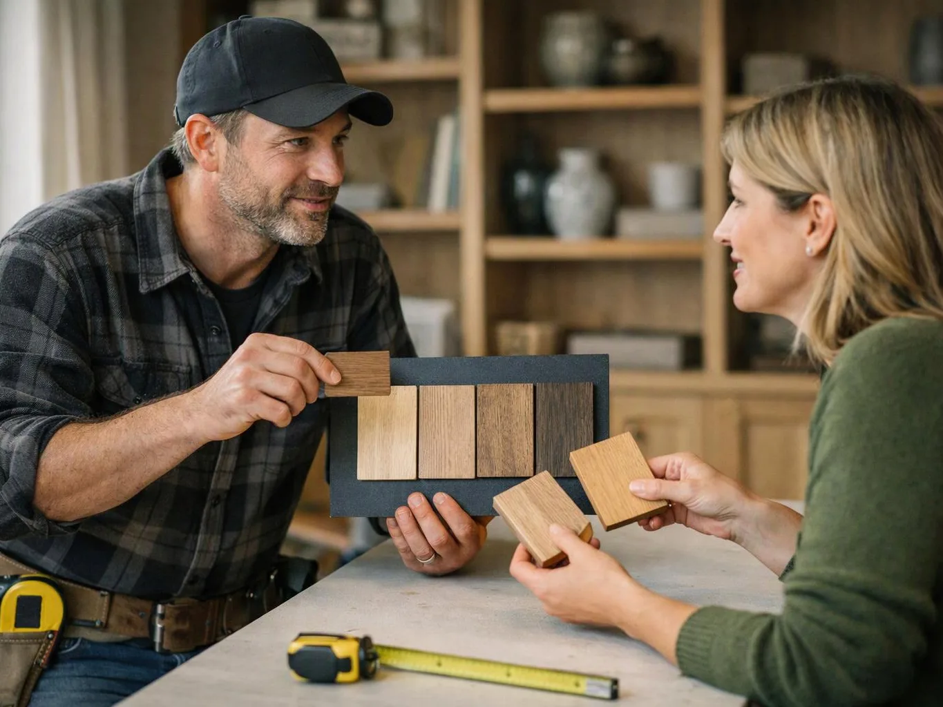 A man and a woman compare wood samples across a table in a workshop-like room