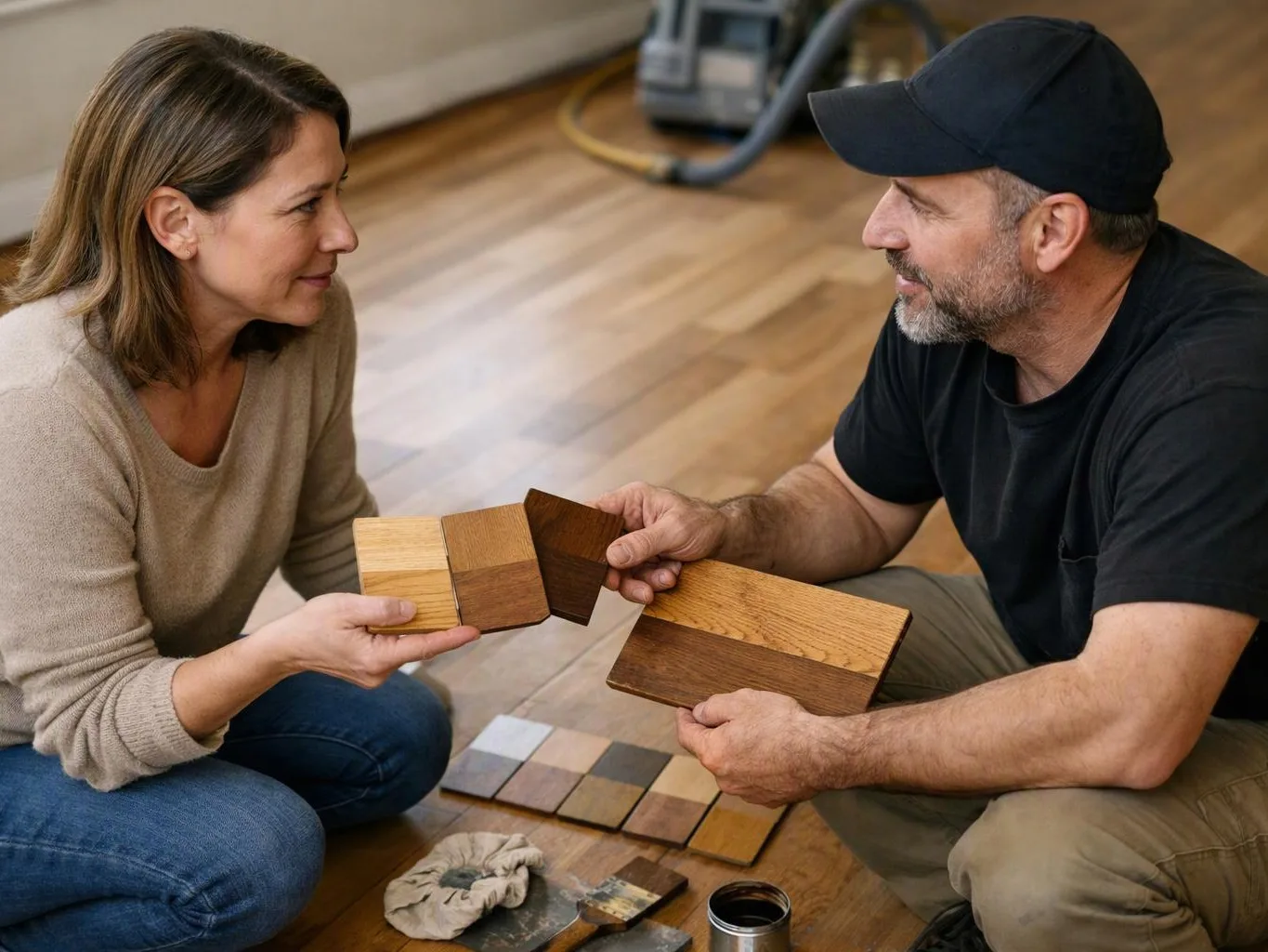 A man and woman kneel on a wood floor, comparing stained wood samples in a room with tools nearby