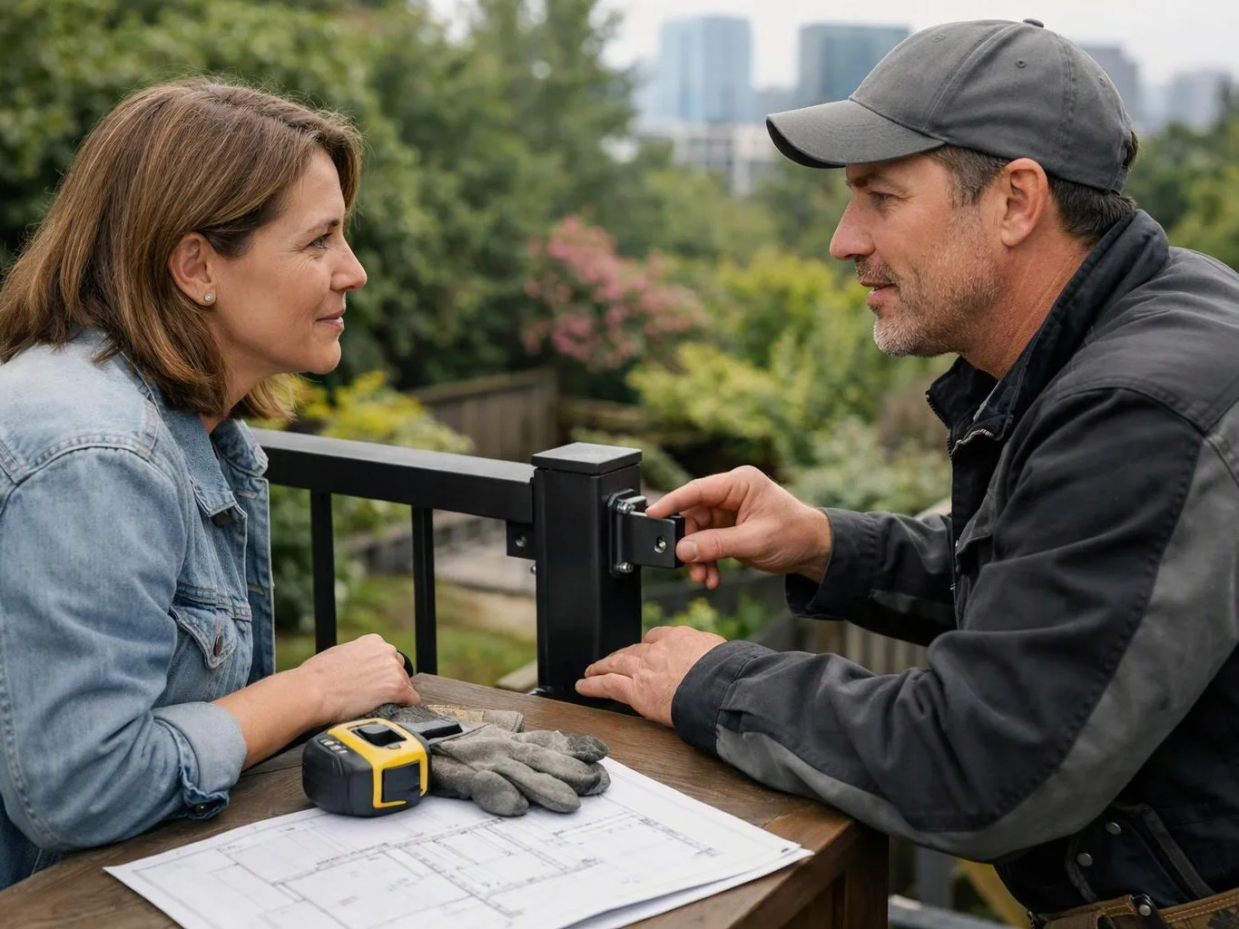 A man and woman talk beside a black fence, with gloves, a tape measure, and plans on the table