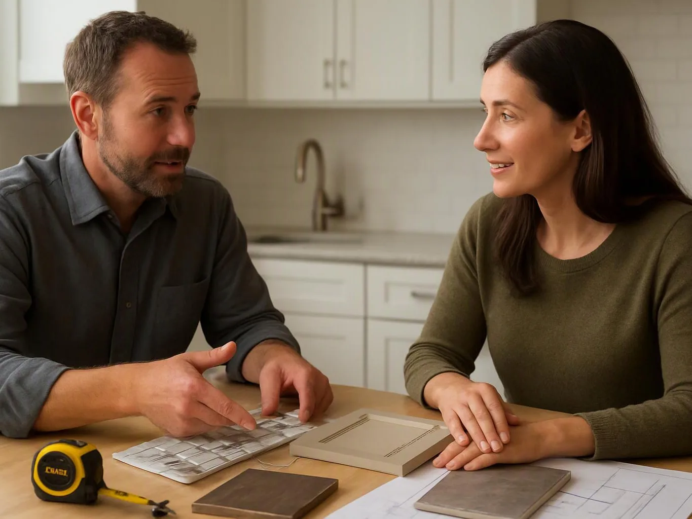 A man and woman talk over tile samples at a kitchen table with a tape measure and blueprint nearby