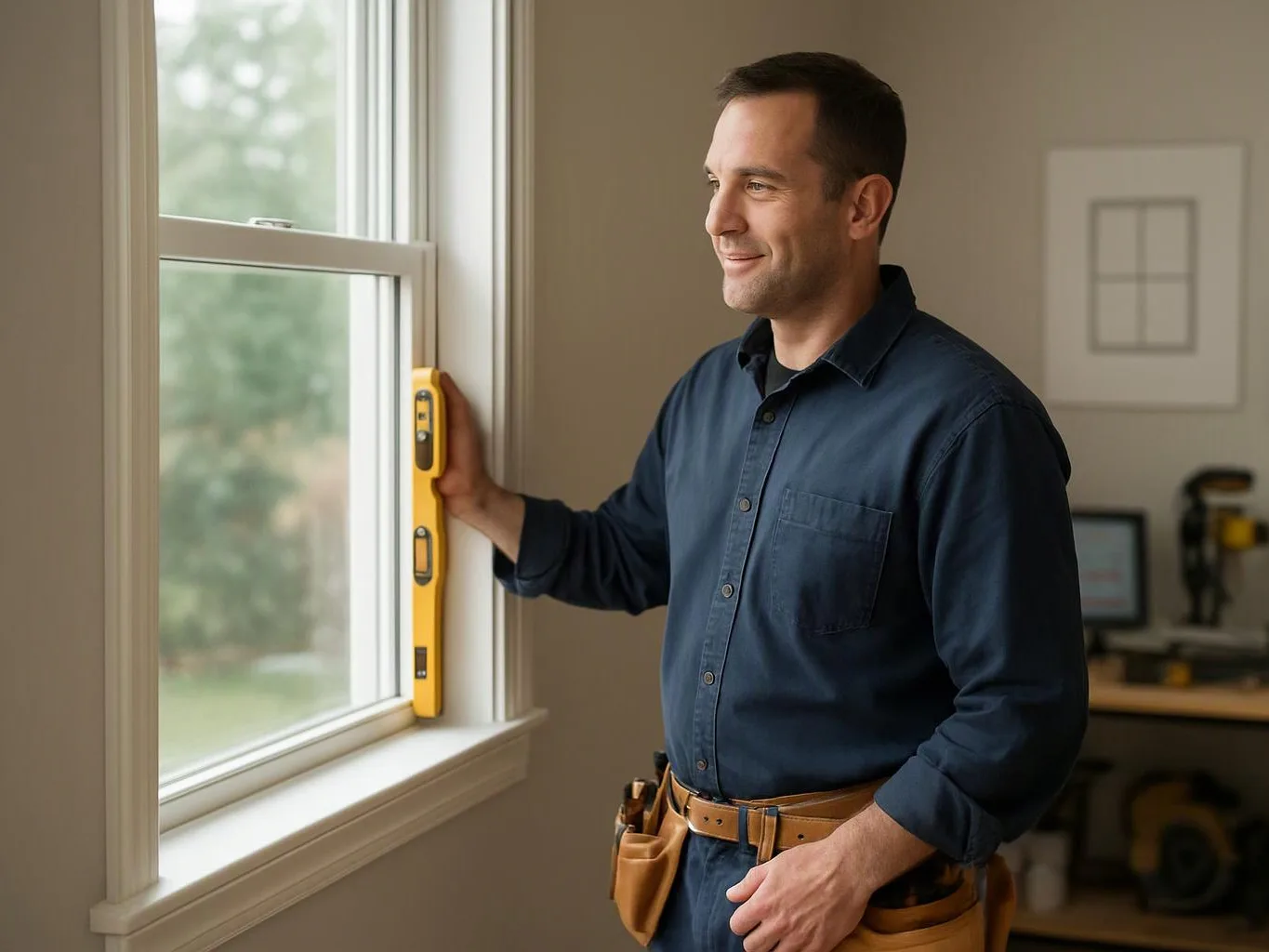 A man in work clothes holds a level against a window frame inside a bright room