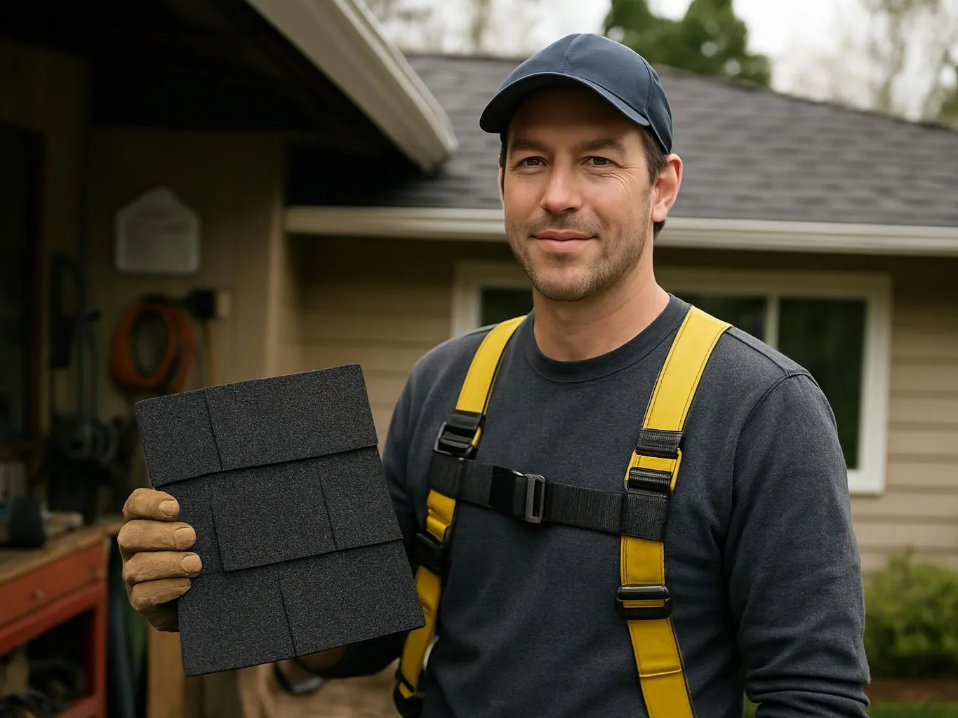 A man in yellow suspenders holds a dark roof shingle in front of a house exterior