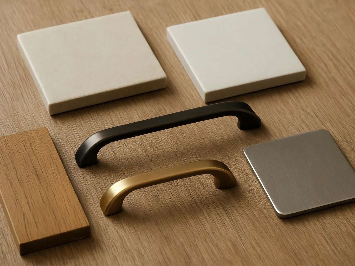 Metal handles and square sample panels are arranged on a wood-grain table