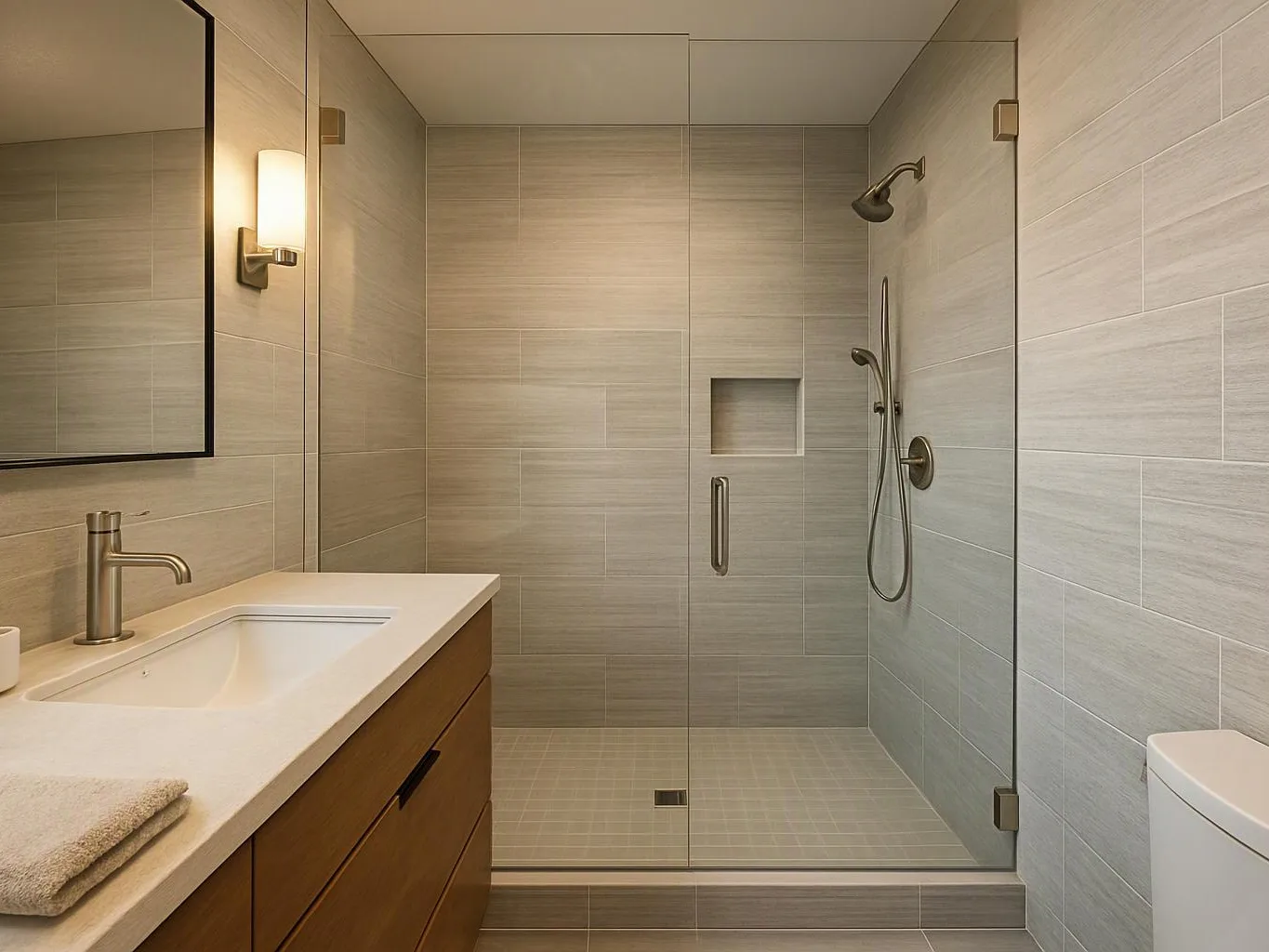 A modern bathroom shows a glass shower, vanity sink, wall mirror, and toilet in a tiled room