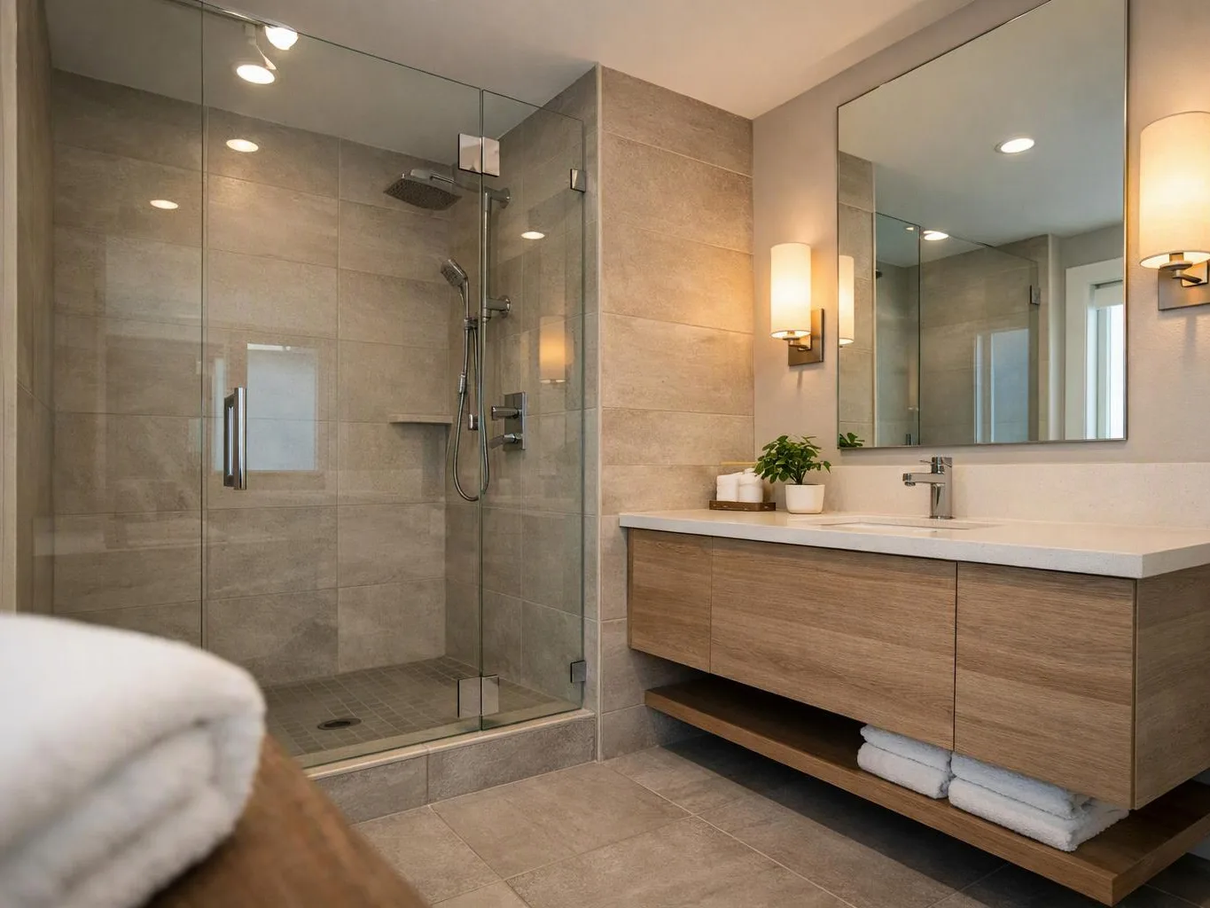 A modern bathroom shows a glass shower, wood vanity, large mirror, and warm wall lights