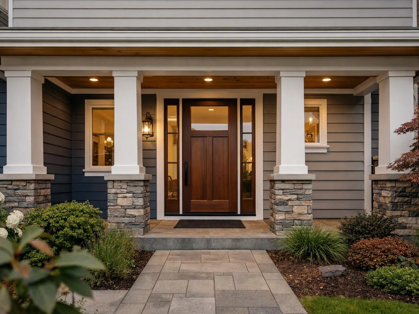 A modern house front porch with stone columns, a wooden door, warm lights, and a landscaped walkway