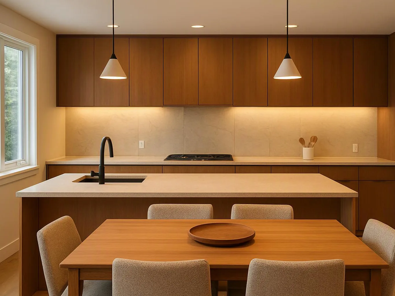 A modern kitchen and dining area shows wood cabinets, a central island, pendant lights, and a table with six chairs