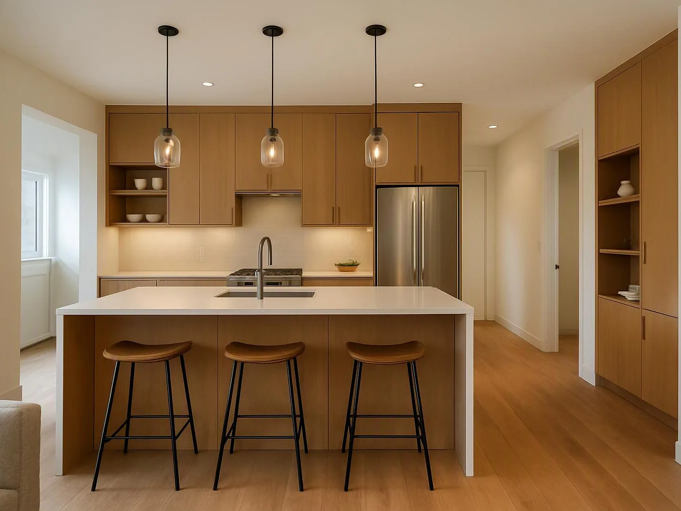A modern kitchen with wood cabinets, a white island, three stools, and pendant lights fills a bright room