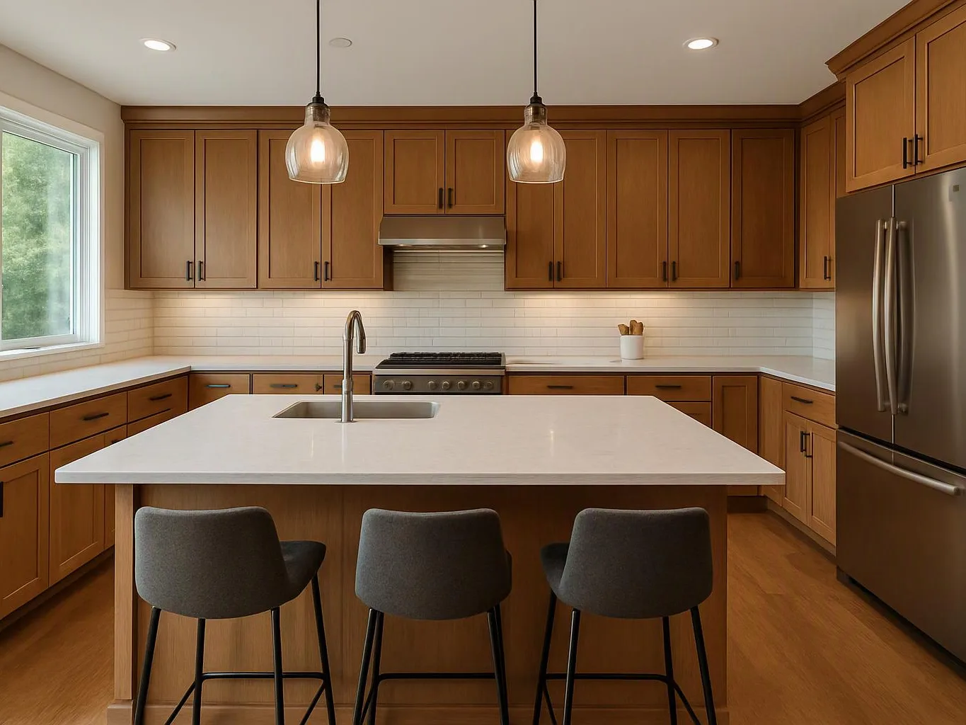 A modern kitchen with wood cabinets, a white island, three stools, pendant lights, and a stainless steel refrigerator