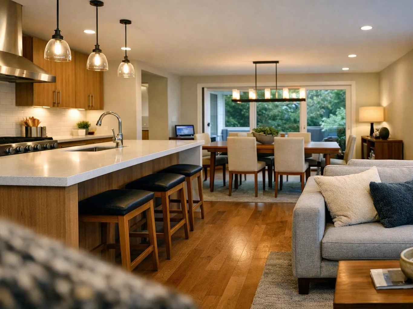 A modern open-plan kitchen and living room with bar stools, a dining table, a sofa, and warm pendant lights