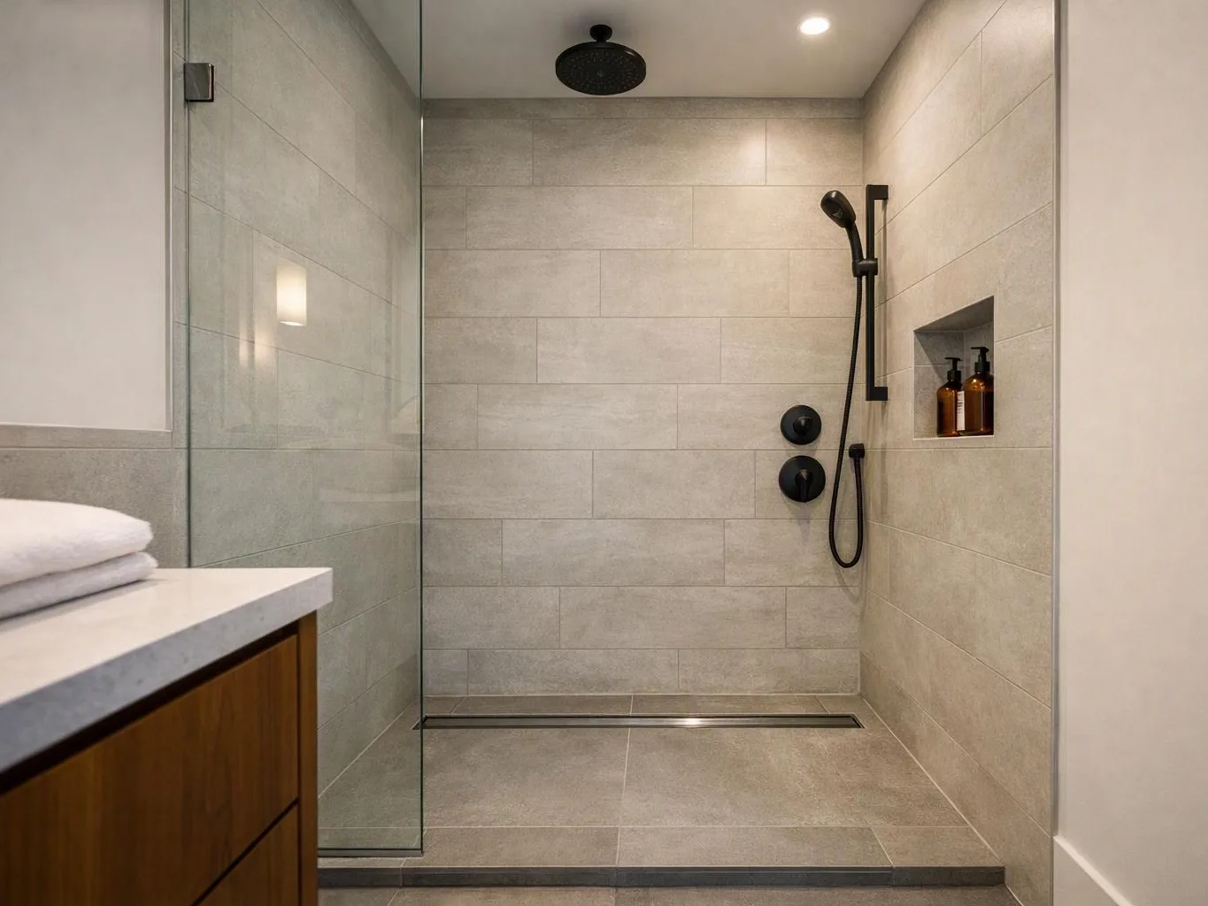 A modern tiled shower stall with a glass panel, black fixtures, and folded towels on a vanity edge