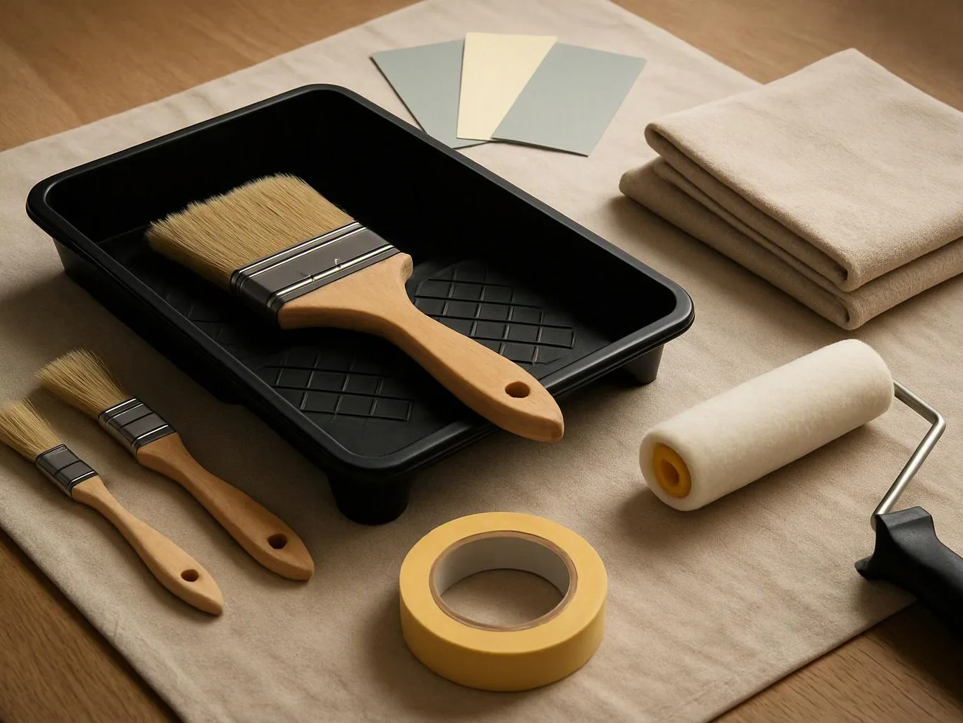 Painting supplies arranged on a cloth, with brushes, a roller tray, masking tape, sample cards, and folded drop cloths