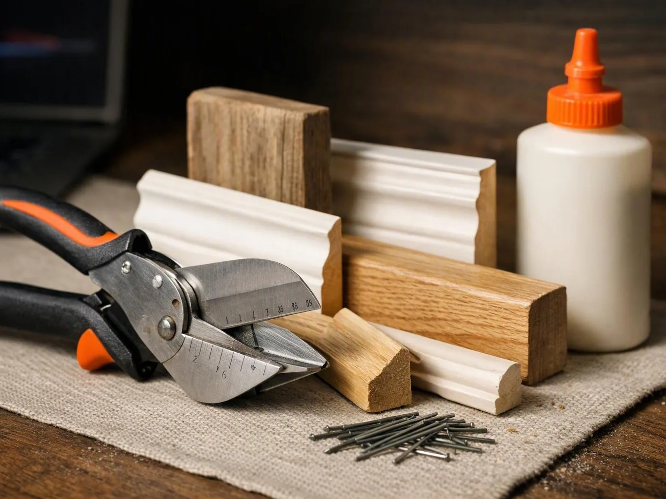A pair of metal snips, wood trim pieces, nails, and a glue bottle sit on a workbench