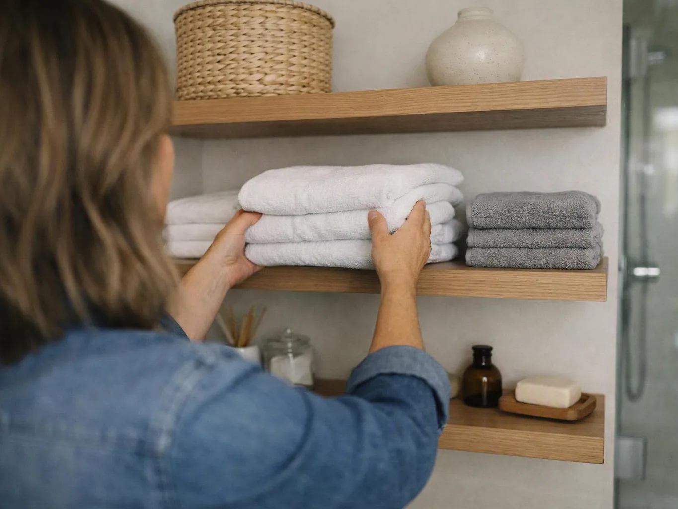 A person in a denim shirt straightens folded white towels on wooden bathroom shelves