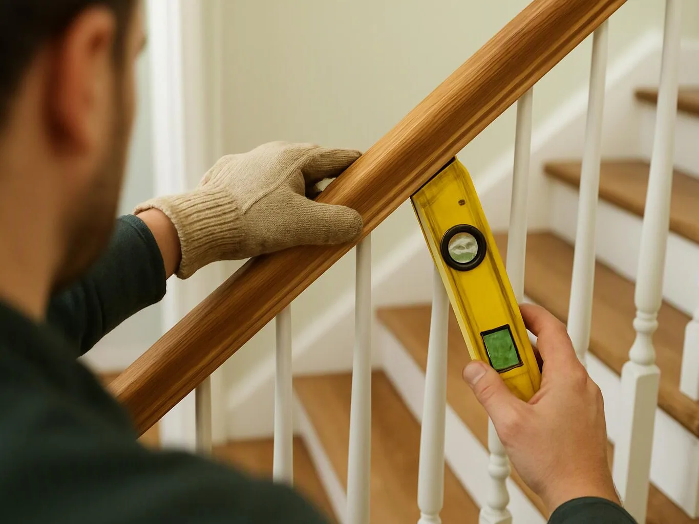 A person in gloves checks a wooden stair rail with a yellow level beside white banisters
