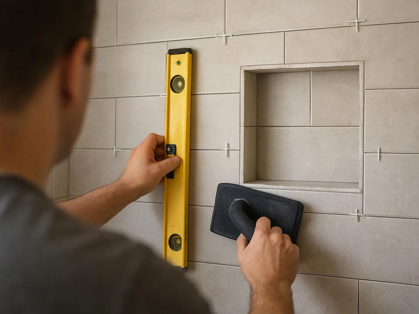 A person levels wall tiles with a yellow spirit level and a black hand float beside a recessed niche
