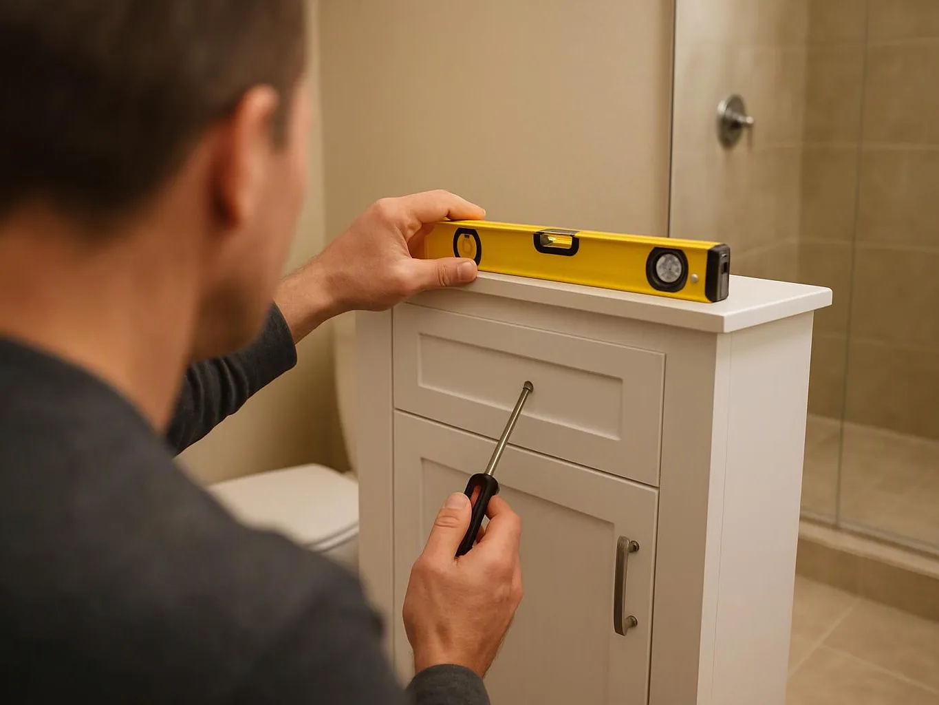 A person levels a white bathroom cabinet with a yellow spirit level while holding a screwdriver