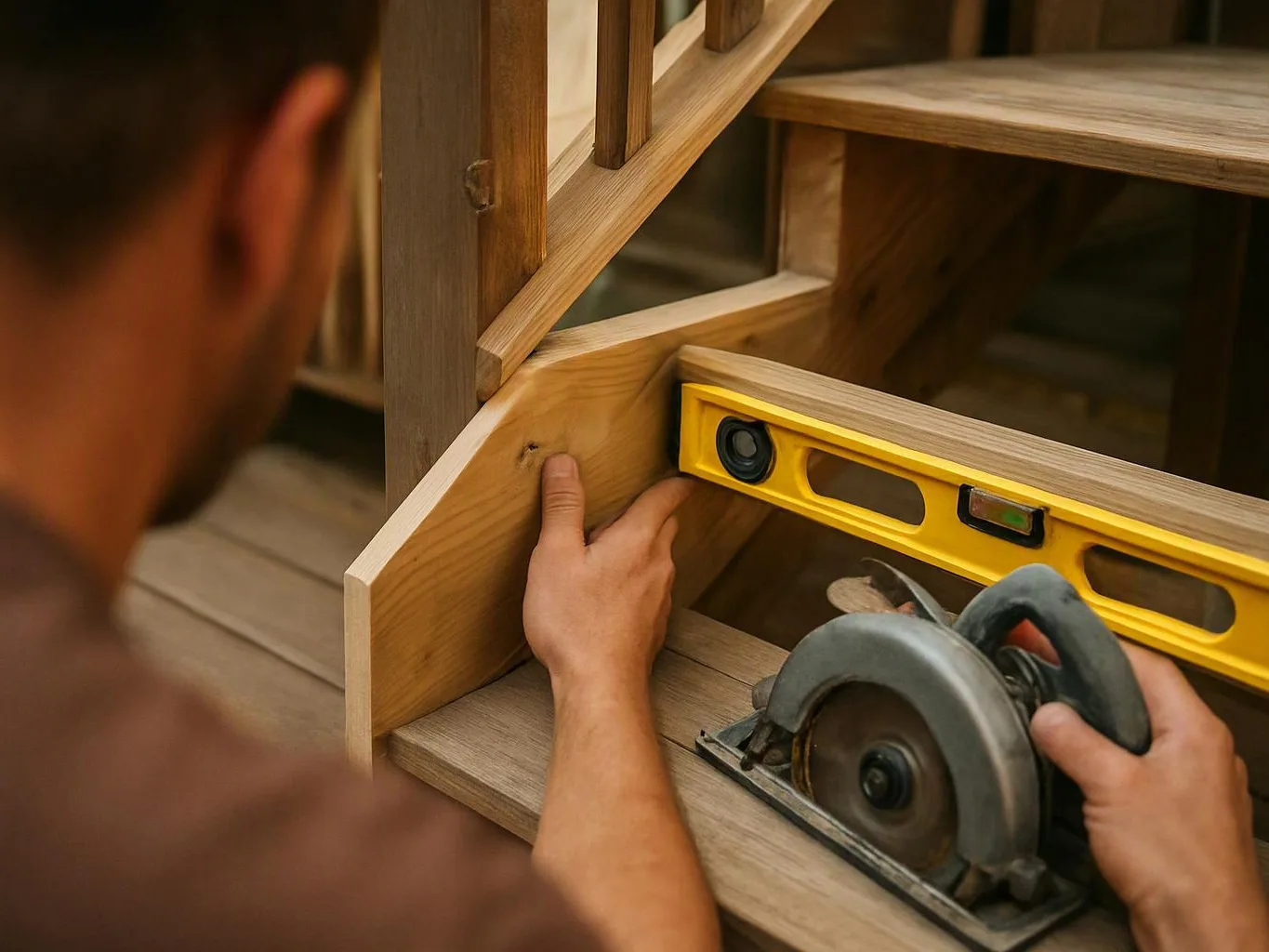 A person measures and cuts a wooden board with a circular saw and yellow level on a stair frame