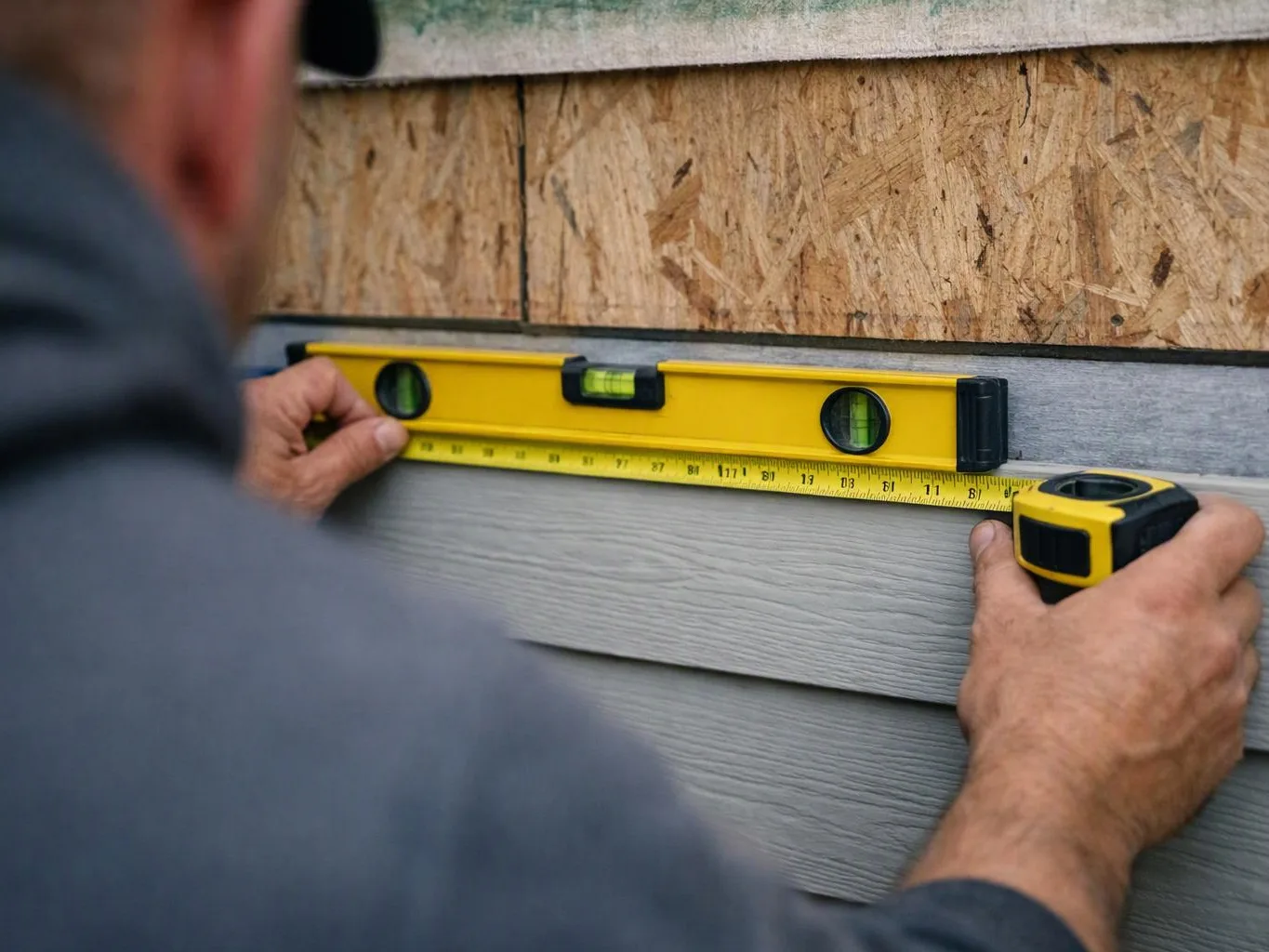 A person measures gray siding with a yellow level and tape measure against plywood wall panels