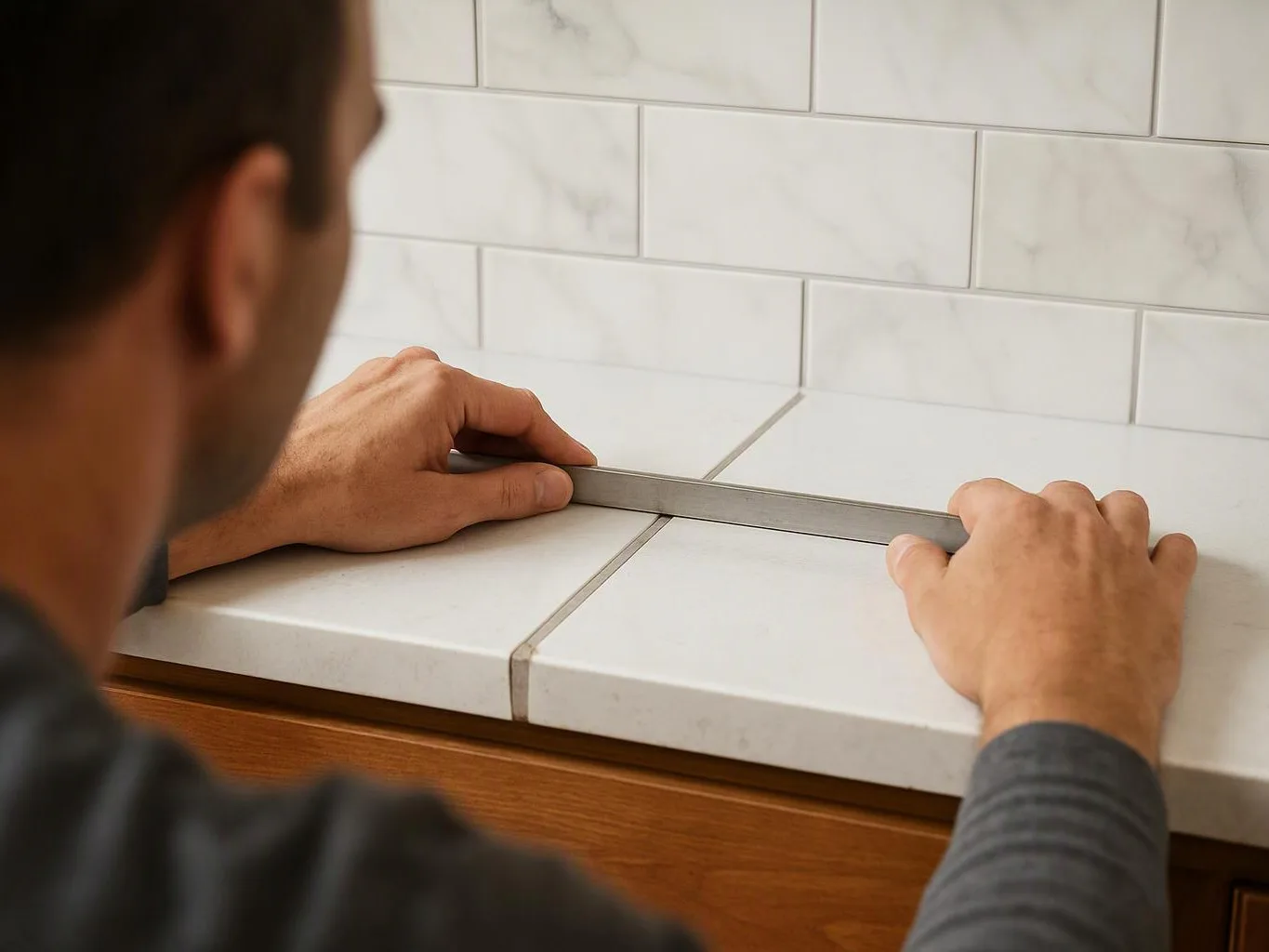 A person measures white tiled countertop seams with a metal straightedge in a kitchen setting