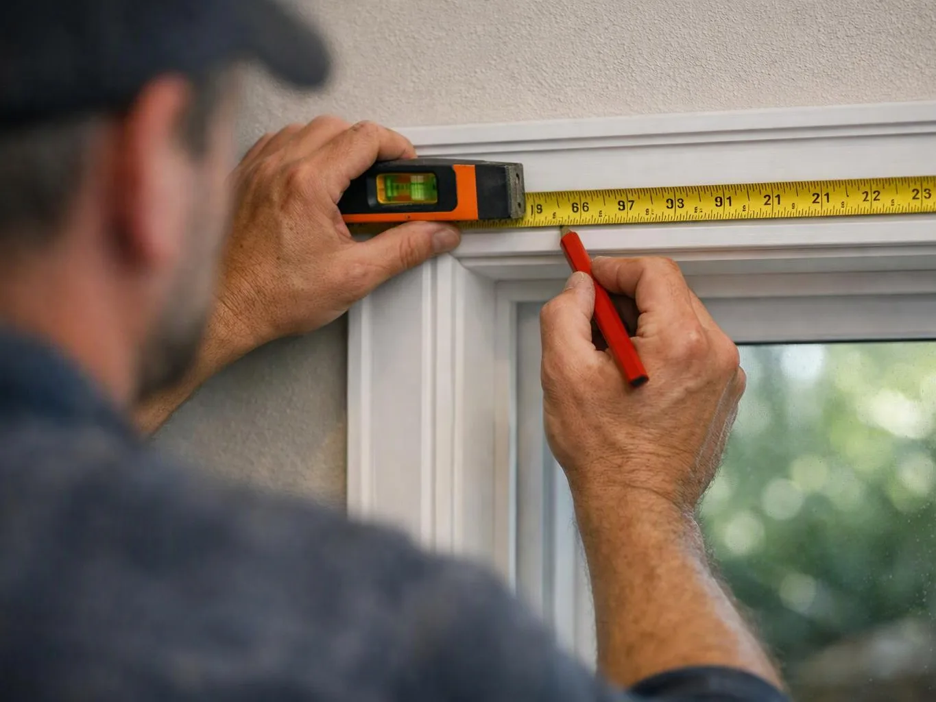 A person measures a window frame with a tape measure and marks it with a red pencil