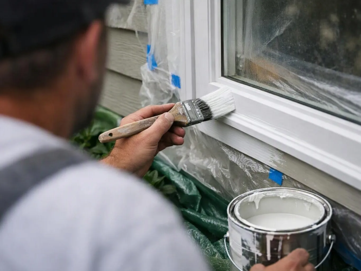 A person paints a white window trim with a brush beside a can of paint outdoors