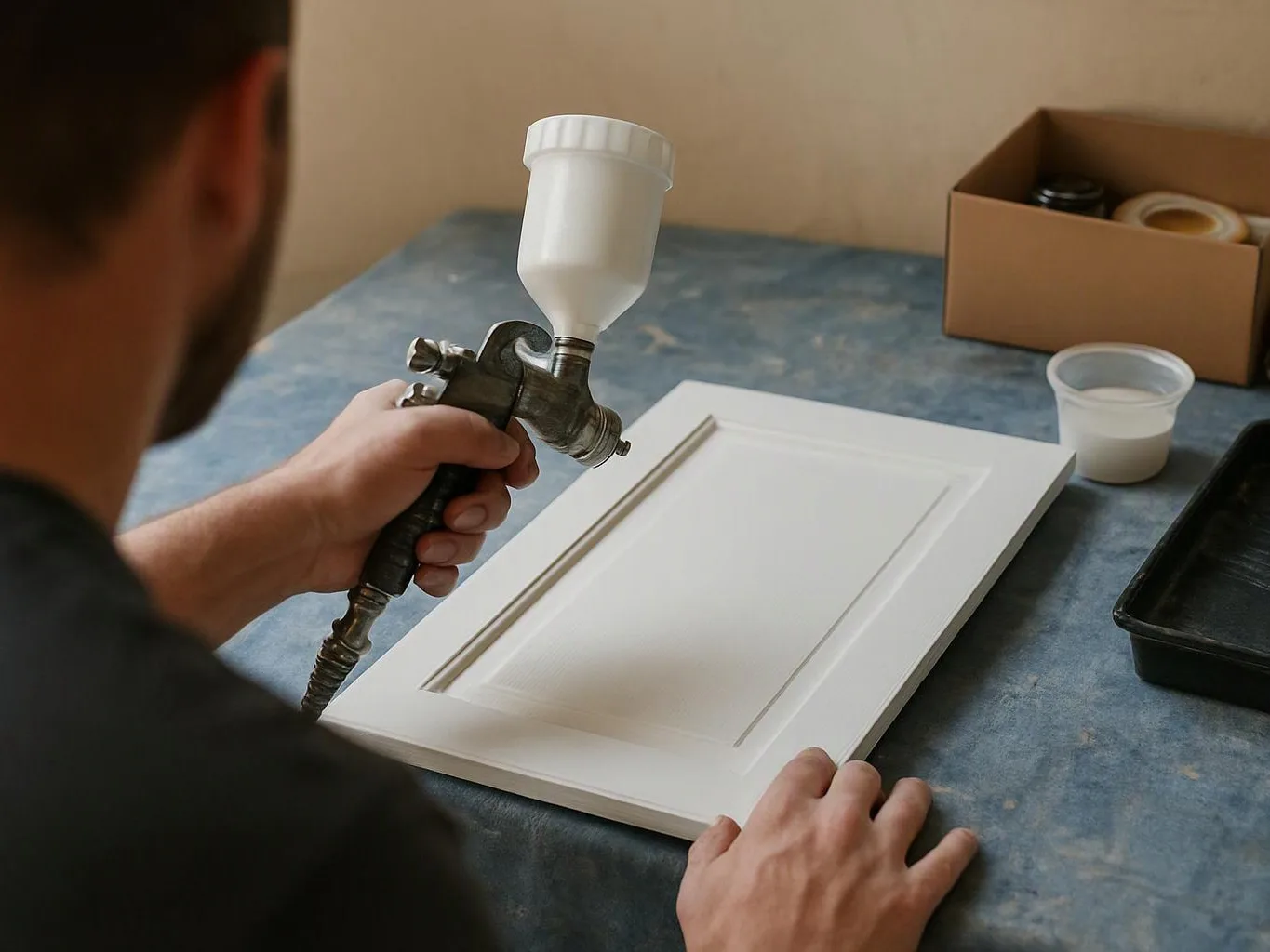 A person sprays white paint onto a cabinet door panel on a worktable indoors