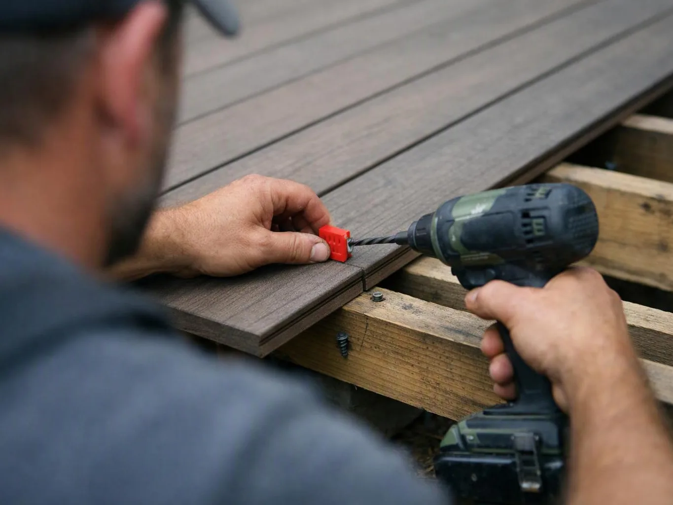 A person uses a cordless drill to fasten deck boards beside a red spacer clip