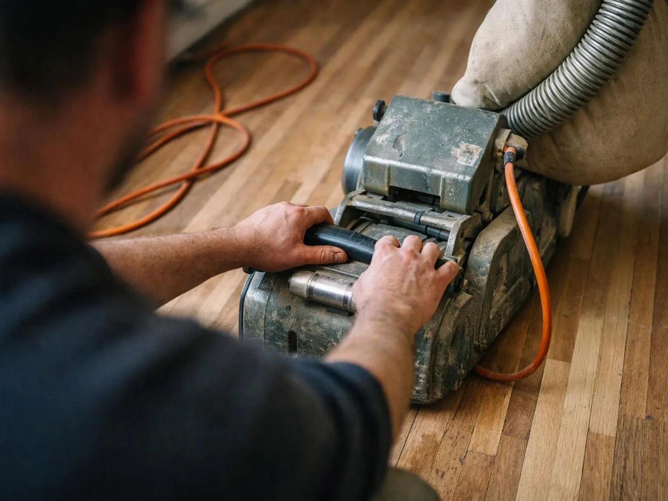 A person uses a floor sander on a wooden floor, with an orange cord trailing behind