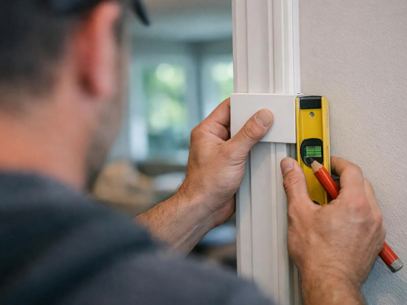 A person uses a level and pencil to align a white door frame inside a room