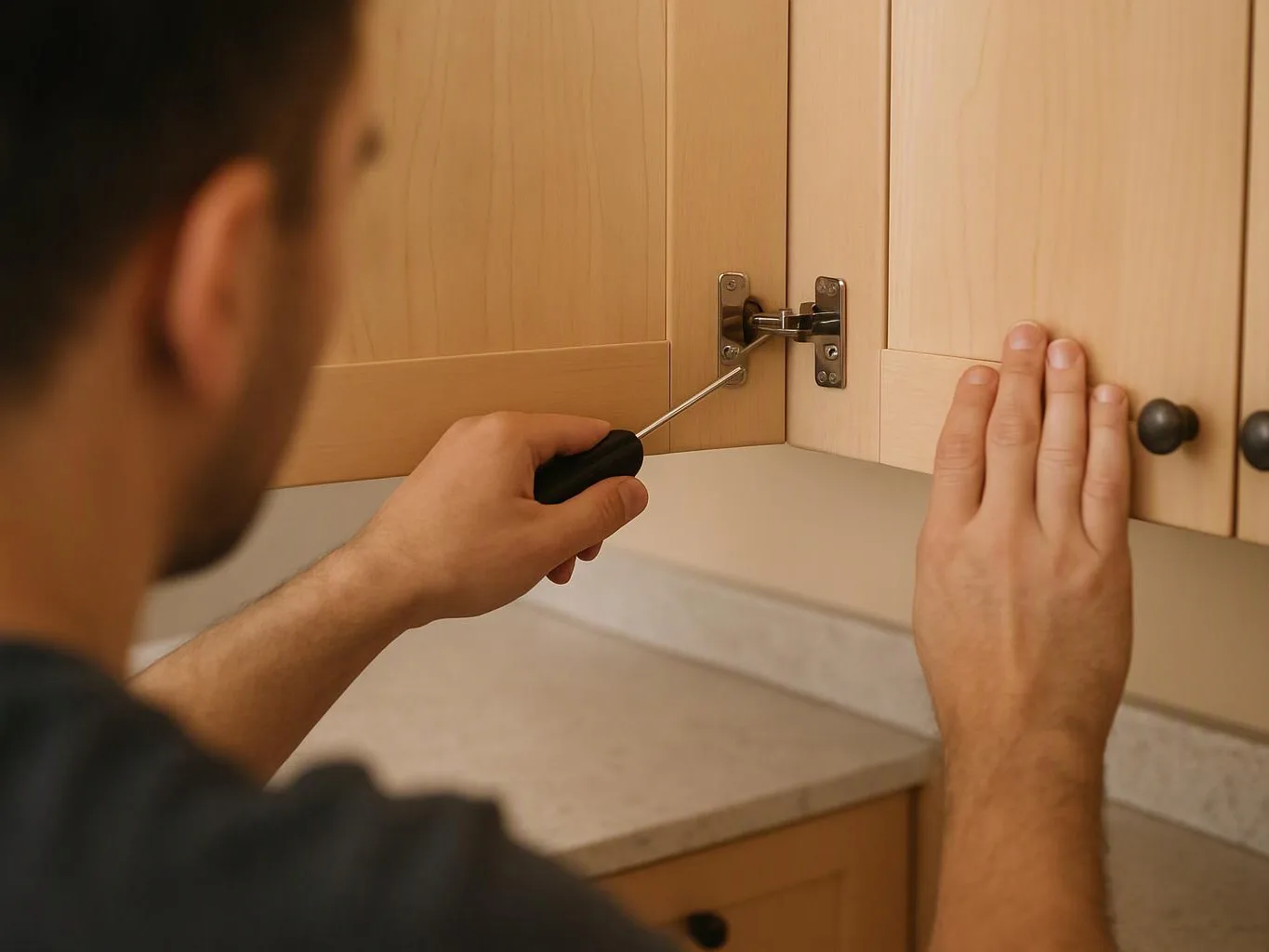 A person uses a screwdriver to adjust a cabinet hinge in a kitchen