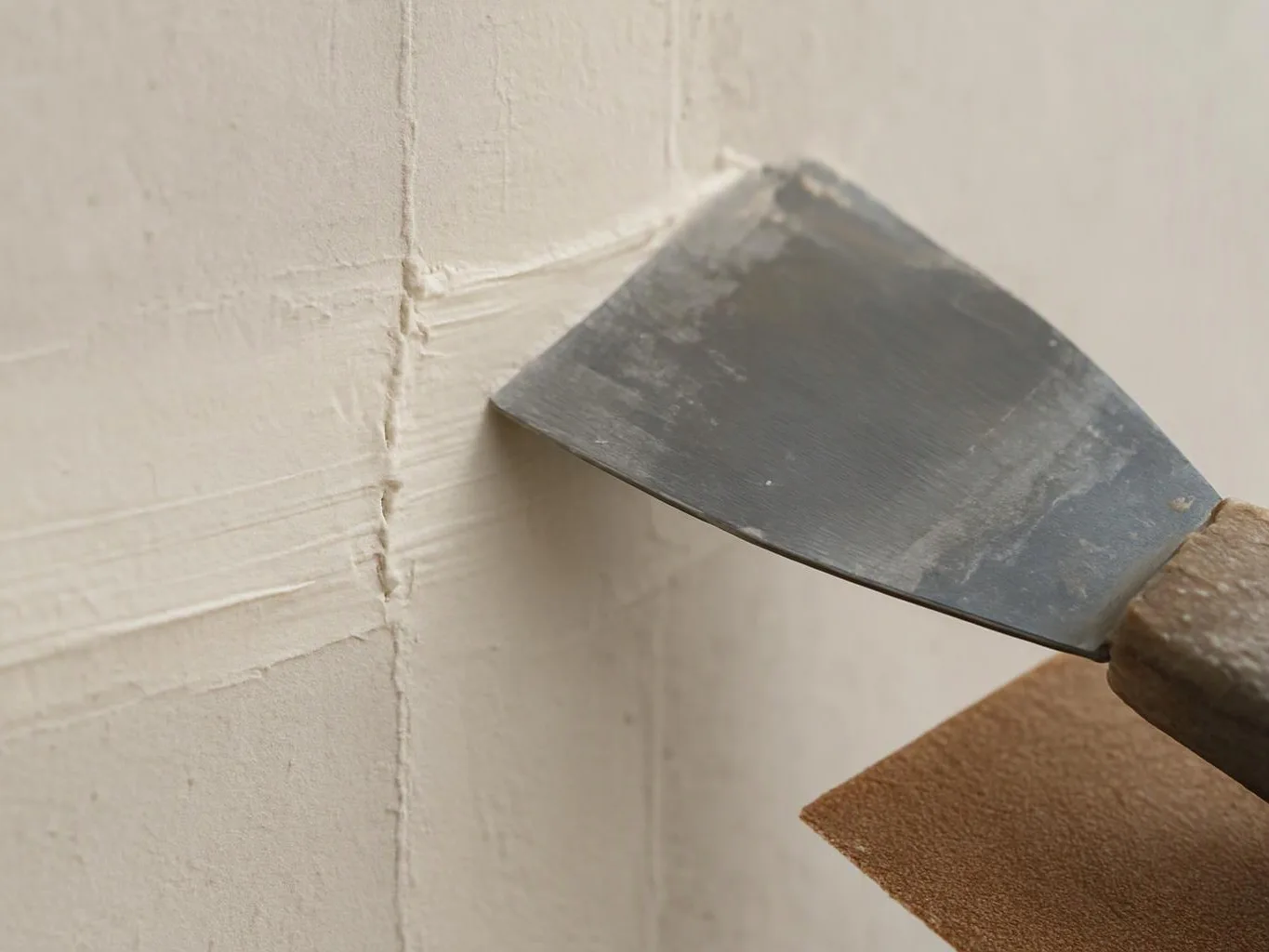 A putty knife scrapes filler along a cracked painted wall corner