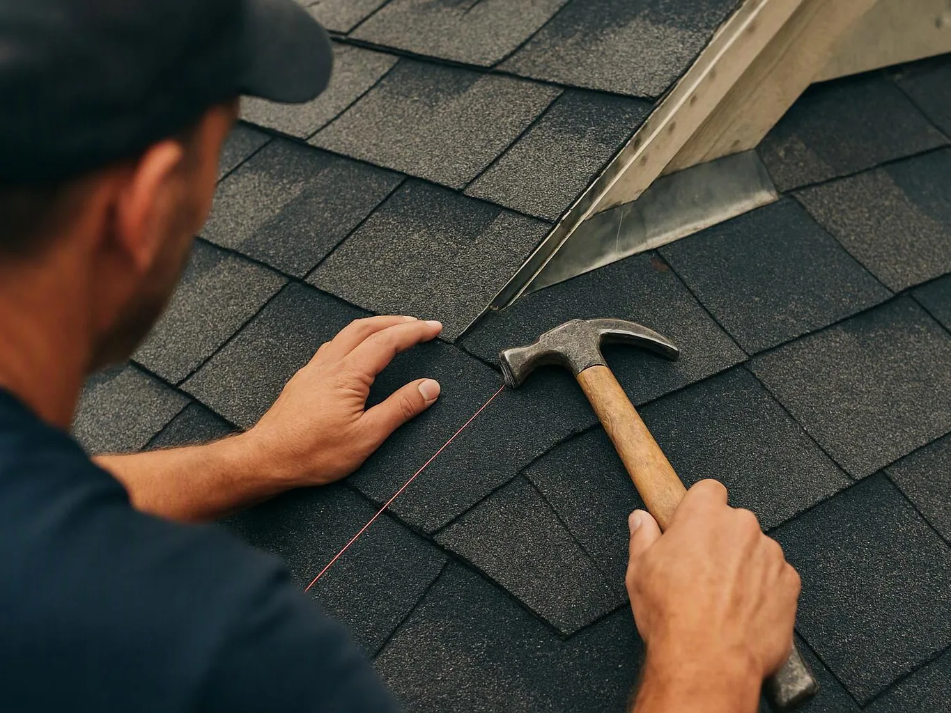 A roofer aligns shingles near a chimney while holding a hammer on a sloped roof