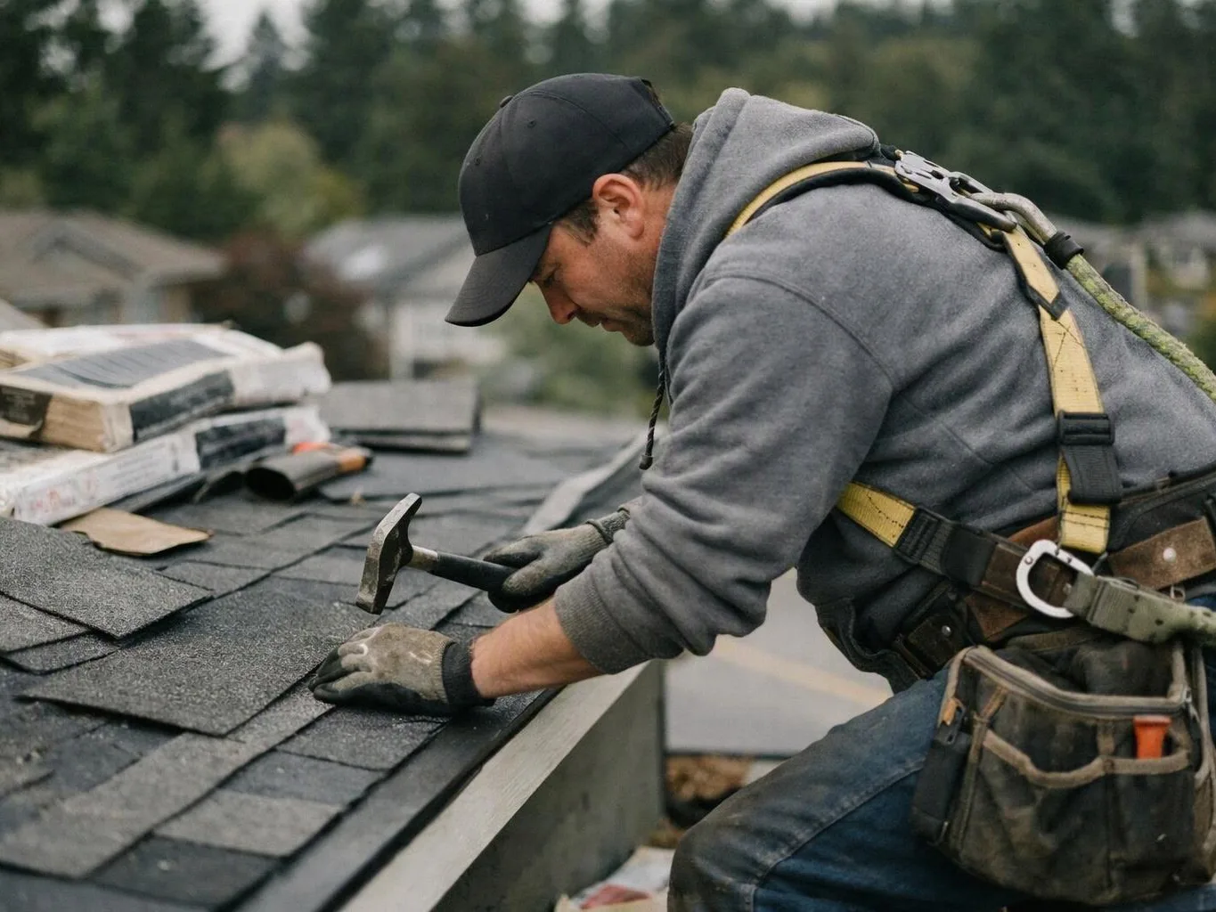 A roofer in gloves and a cap hammers shingles on a sloped roof outdoors