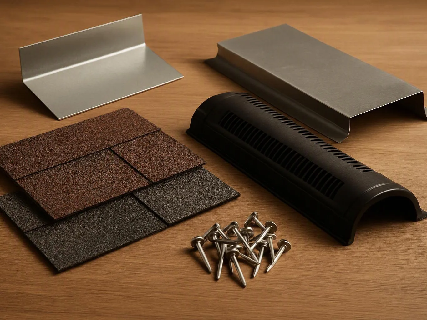 Roofing materials and nails are arranged on a wooden surface with two metal flashing pieces and a vent cover