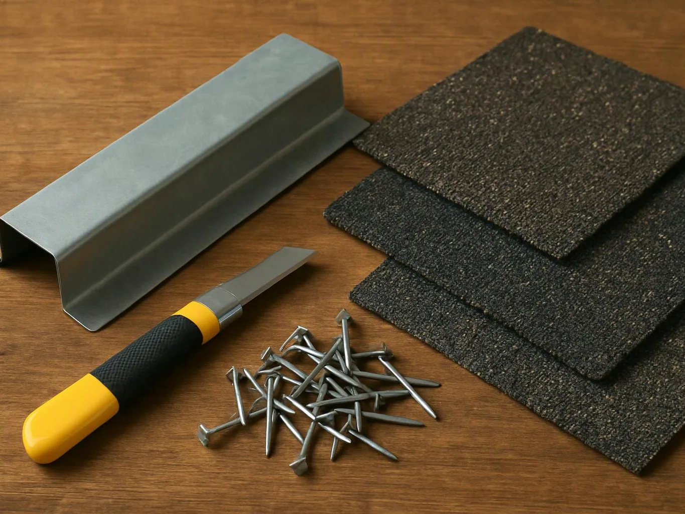 Roofing materials and tools sit on a wooden surface, including shingles, nails, a metal flashing piece, and a utility knife