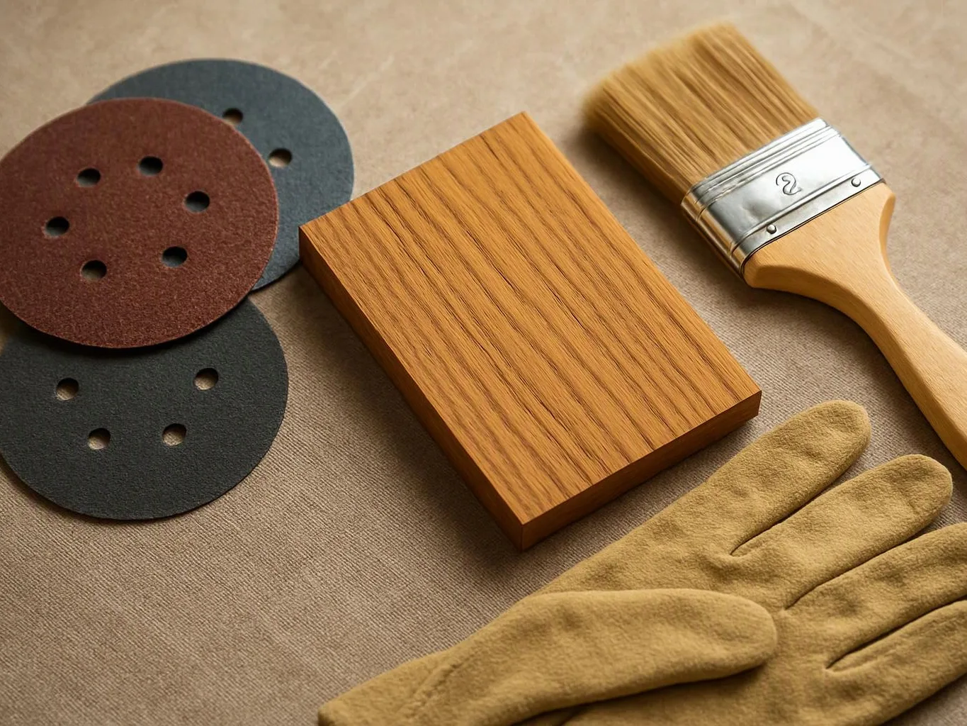 Sanding discs, a wood sample, a paintbrush, and work gloves lie on a beige surface
