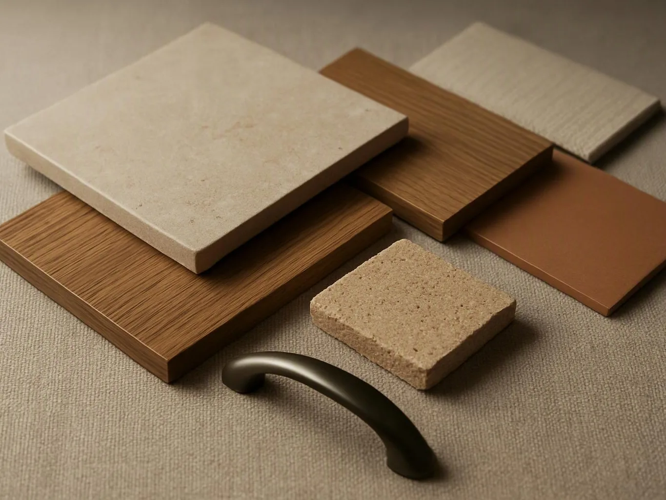 Several wood, stone, and metal material samples are arranged on a beige fabric surface