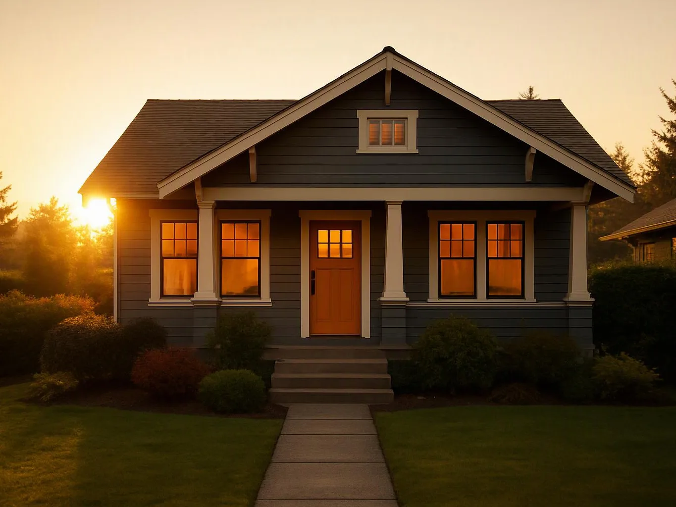 A small gray house with warm lit windows sits behind a front walkway at sunset