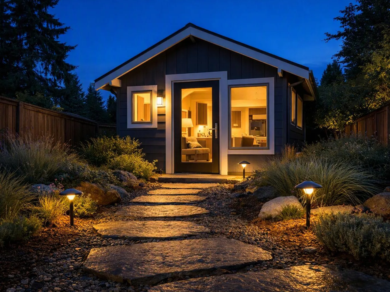 A small house glows at night, with lit windows, a front path, and garden lights along the walkway