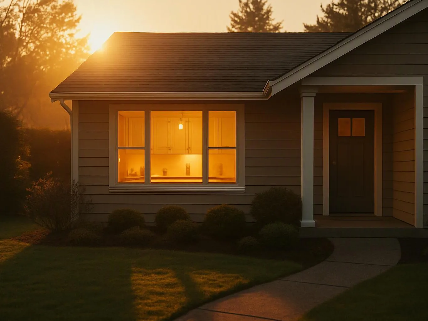 A small house glows in sunset light, with a lit window, porch, and curved walkway