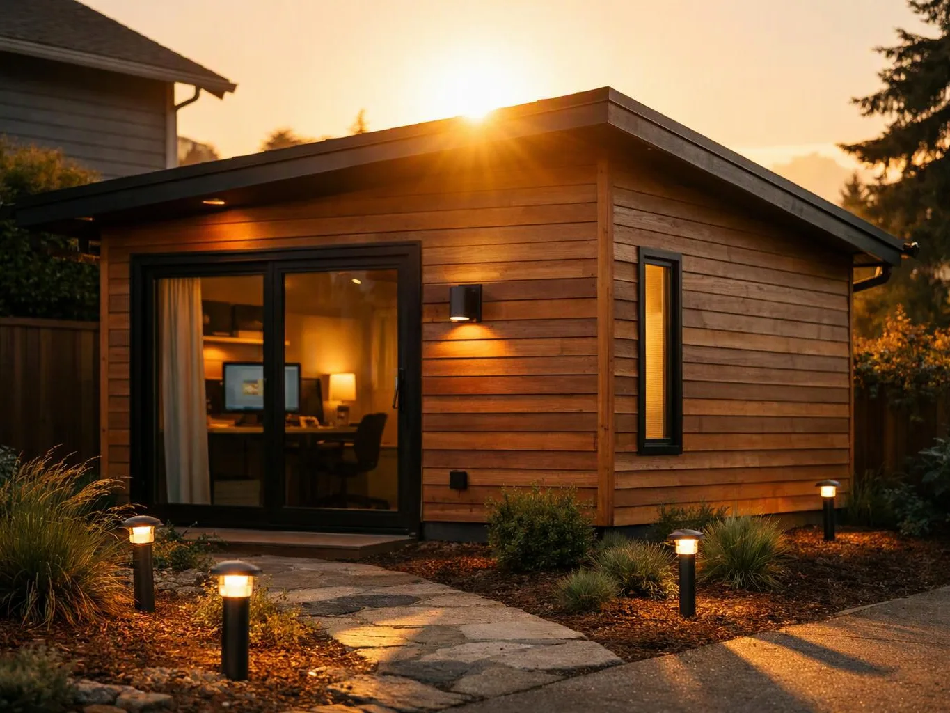 A small wooden house glows at sunset, with lit path lamps, sliding glass doors, and a visible home office inside