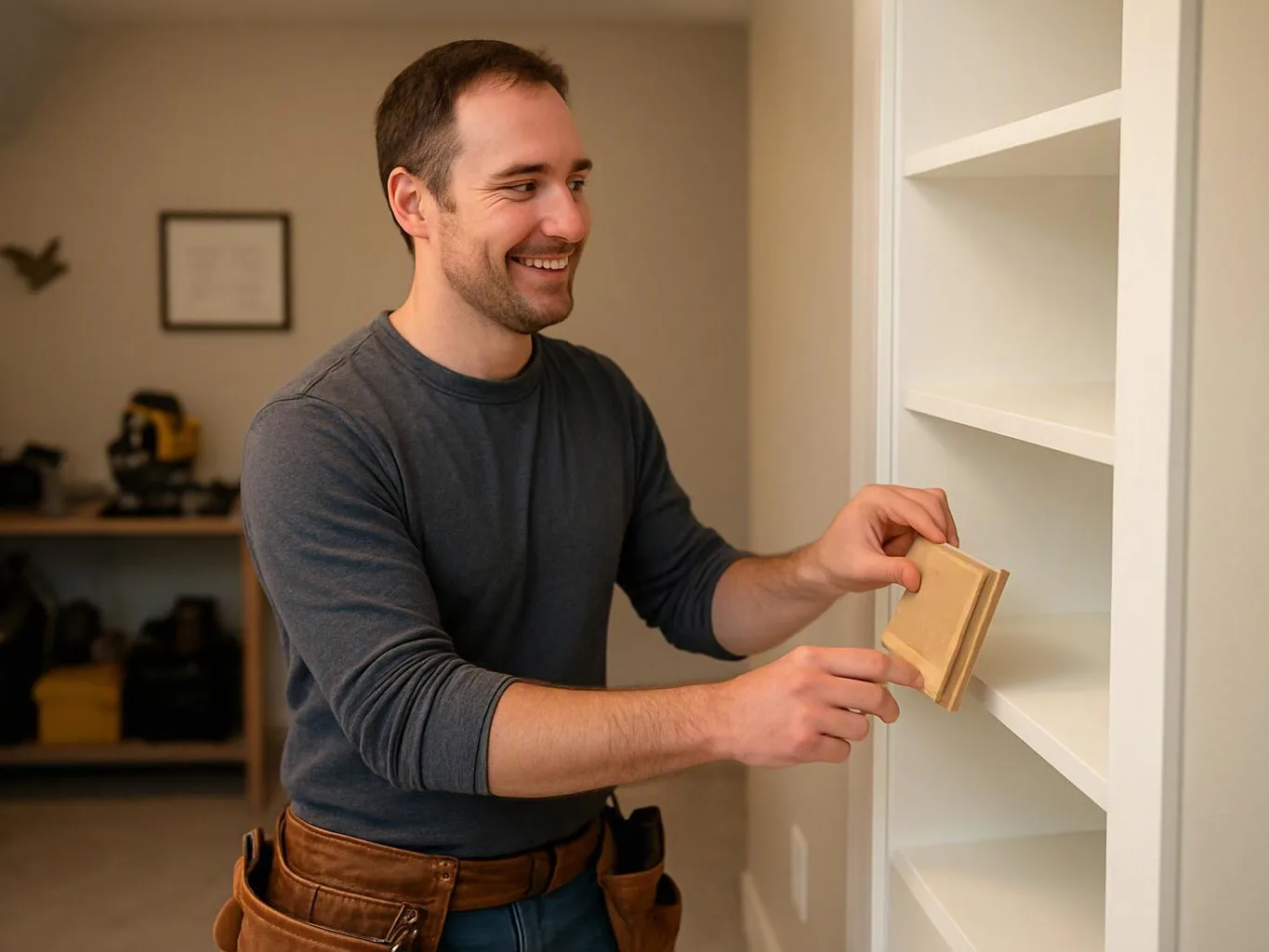 A smiling man fits a wooden piece onto a white built-in shelf in a room